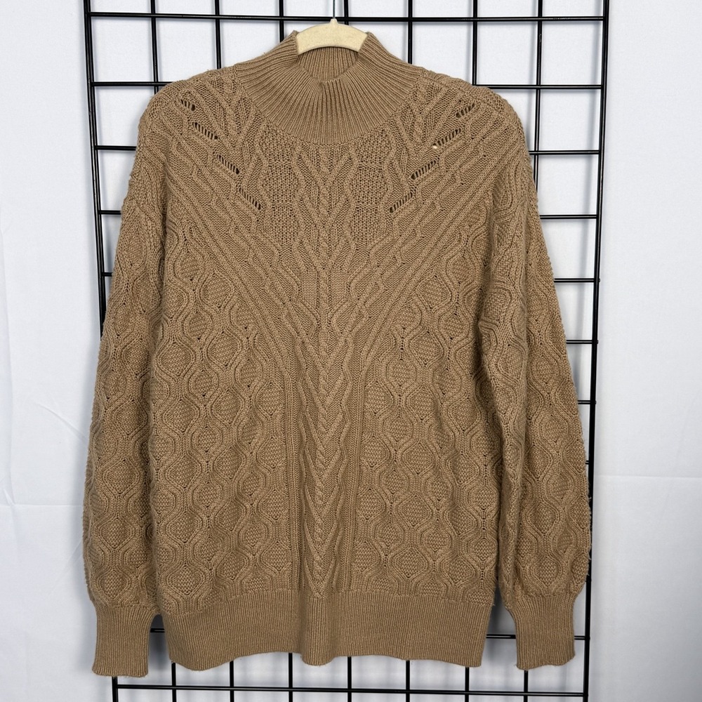 Talbots Cable Knit Sweater Womens Medium Camel Mock Neck Pullover Fisherman Cozy